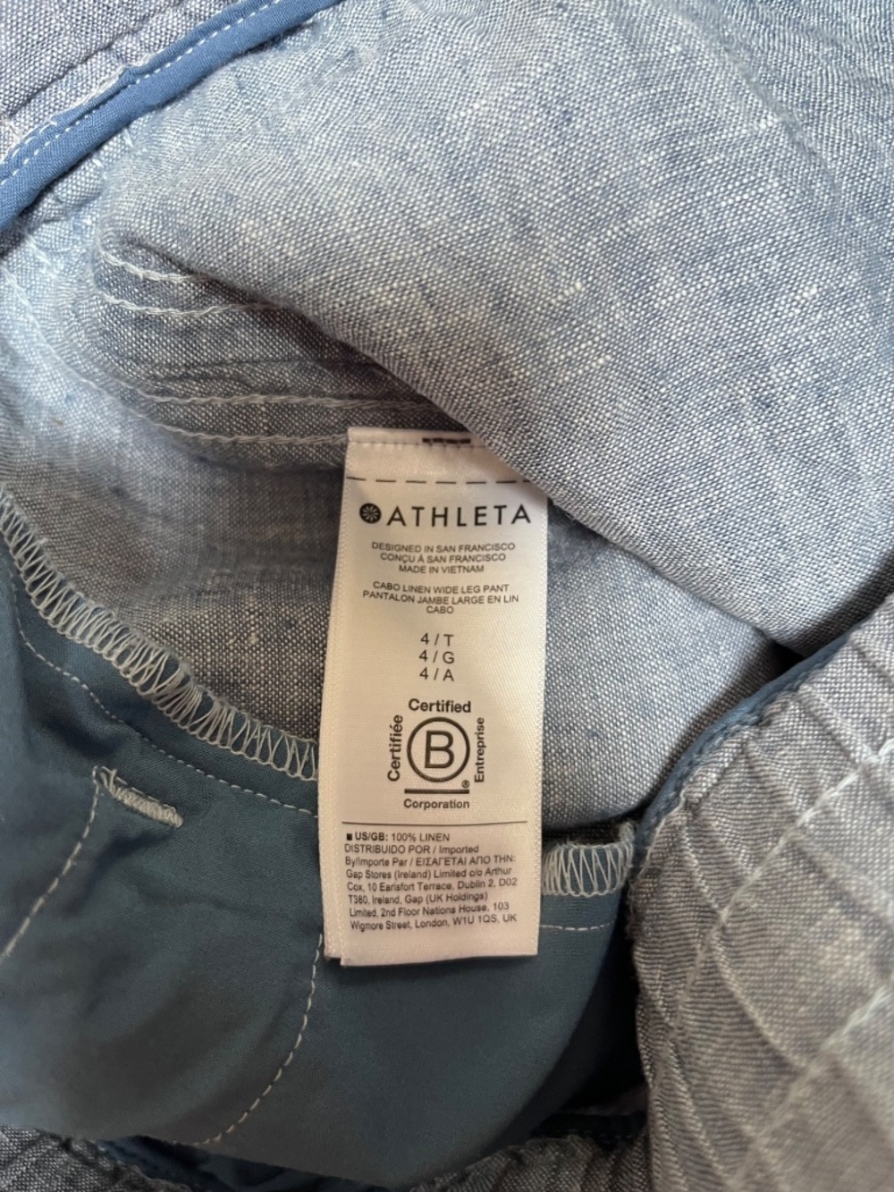 Athleta Cabo 100% Linen Wide Leg Pant Chambray Blue Womens Size 4 Tall 447244 - Picture 4 of 9